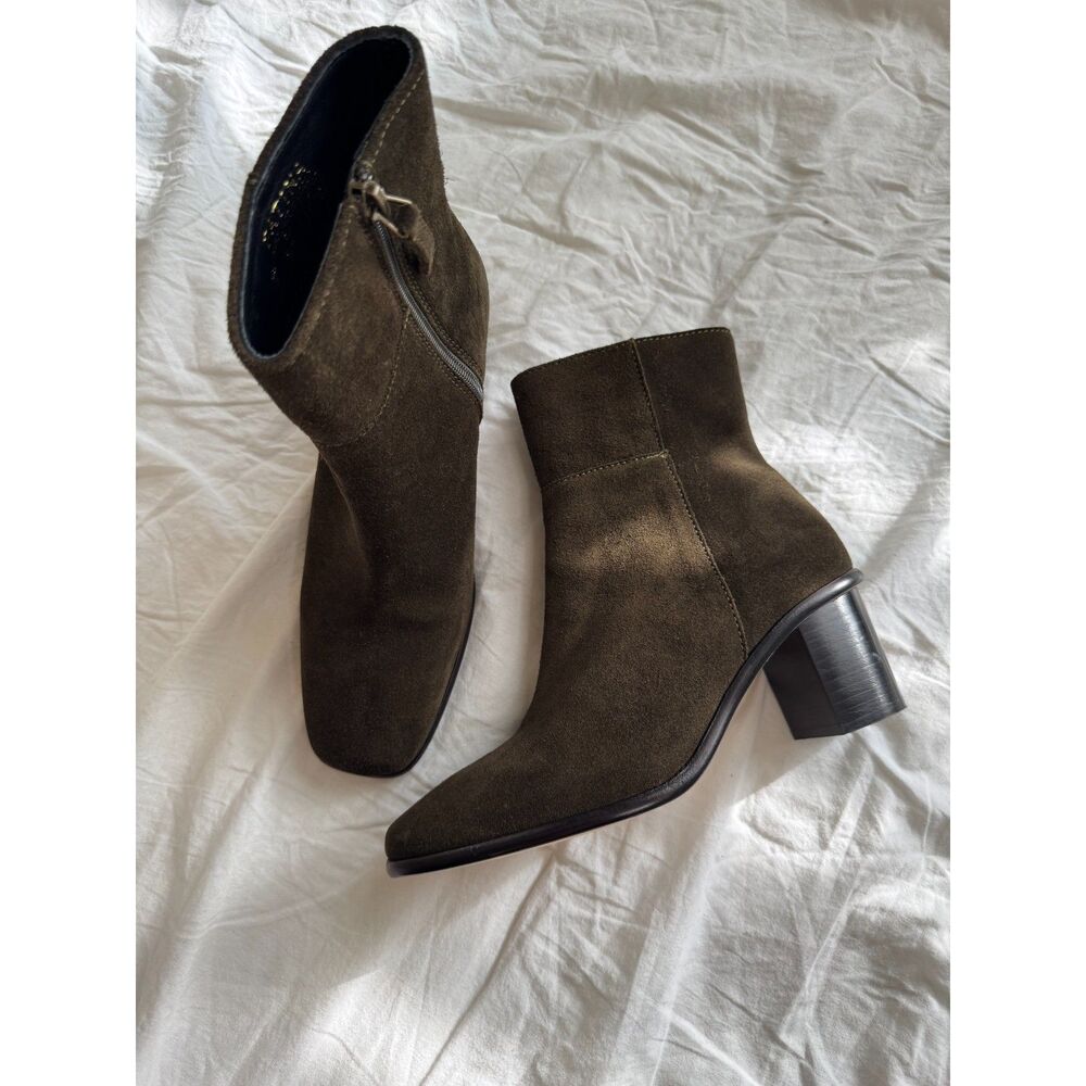 Patina Olive Brown Suede Ankle Boots Block Heel Women's Size 7 Made in Mexico